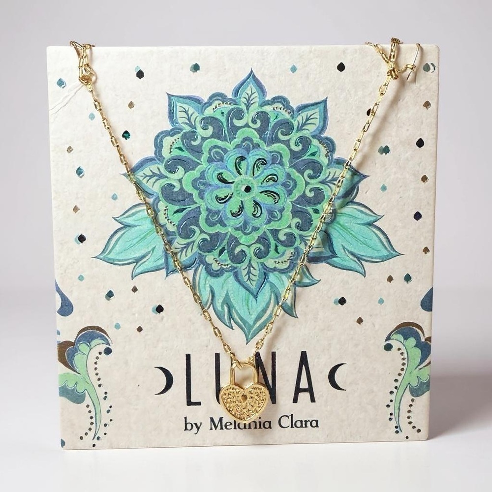 Luna by Melania‎ Clara Heart Pave Crystal Lock Necklace 18k Gold Plated NEW